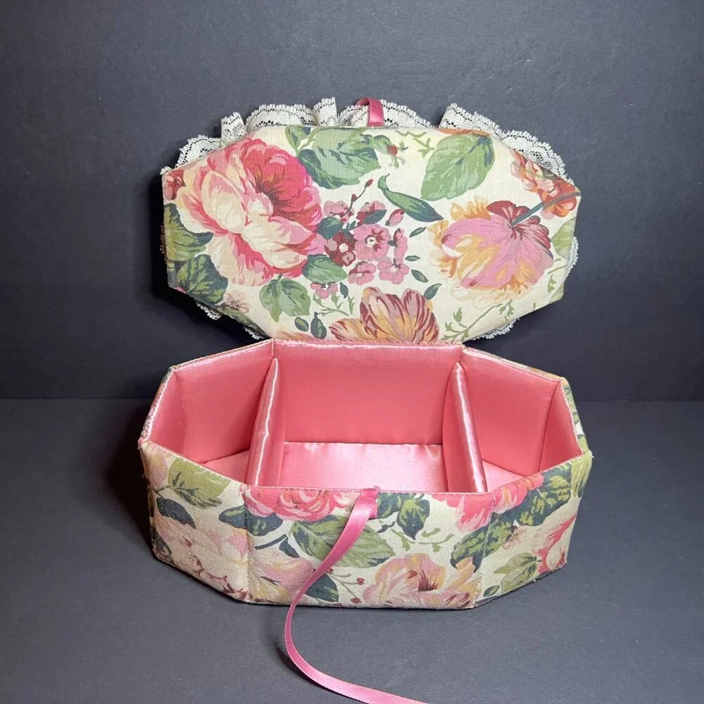 Vintage Ruffled Lace Ribbon & Floral Applique Fabric Octagon Jewelry Trinket Box